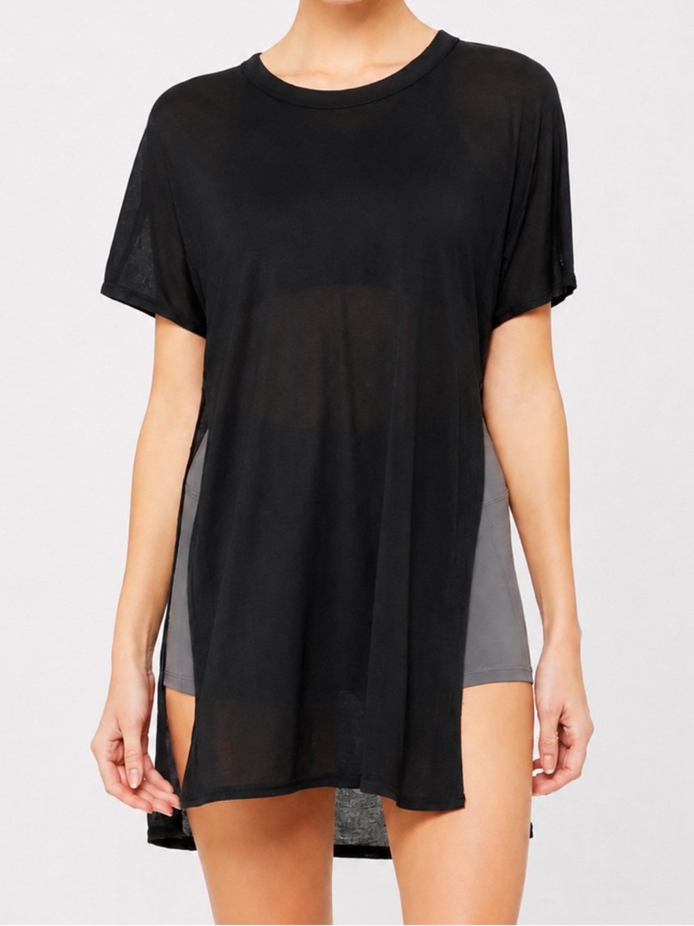 Alo Yoga Dreamer Top Black Sheer Oversized Side Slit Tunic Tee estimated Sz S